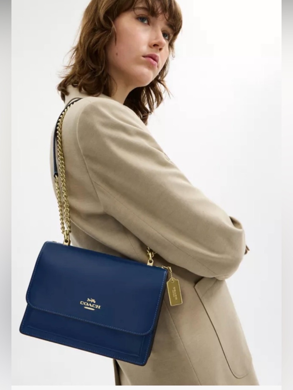Coach Navy Leather Chain Shoulder Bag with Gold Hardware